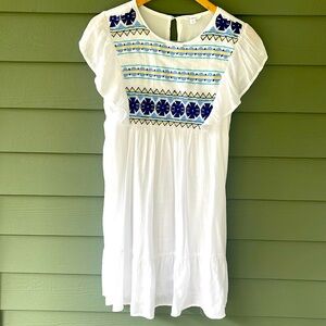 Blu Pepper stretch linen white embroidered dress with ruffle sleeves